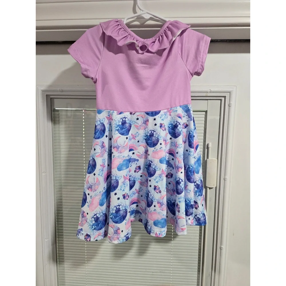 Pete + Lucy Girls 3T Space Planet Ruffle Dress Lavender Blue Pink New With Tags
